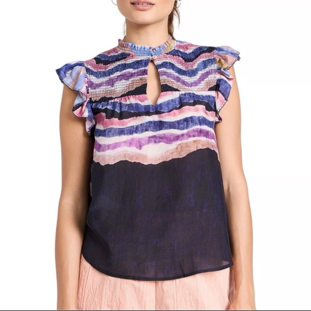 Smocked Keyhole Ruffle Sleeve Blouse in Multi Purple/Black